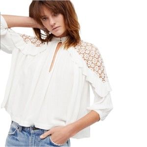 NWOT- Free People Little Bit of Love White Lace Ruffle Blouse- Size M